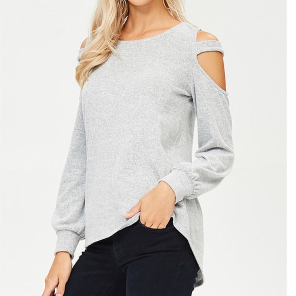 Heather Grey Cold Shoulder Top with Keyhole Back - Picture 2 of 3